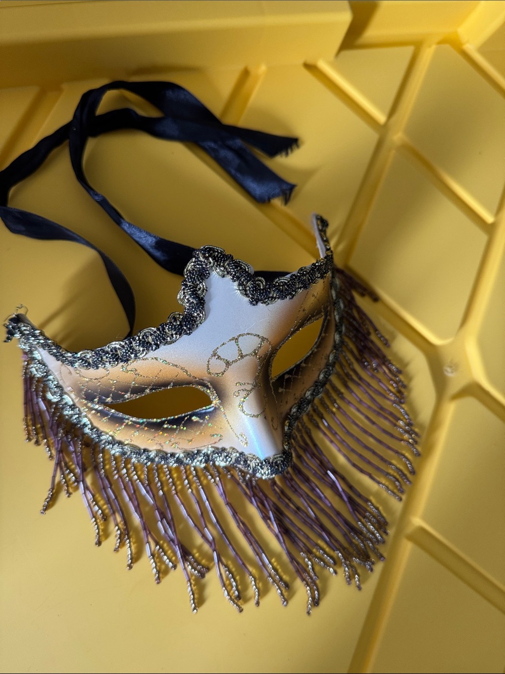 Women's White and Gold Masquerade Eye Mask with Purple Fringe